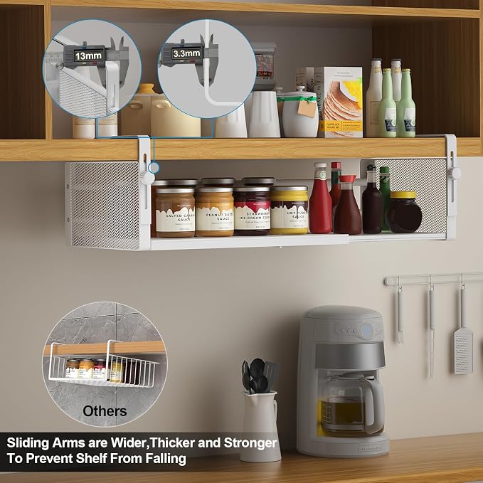 AmonHouseware 2Pack Expandable Under Shelf Storage Basket Organizer, White | Adjustable Hanging,Length Stretchable14.9-22.6Inch,Under Cabinet Shelf for Laundry Room Kitchen Pantry Desk Counter Cupboard - Image 5