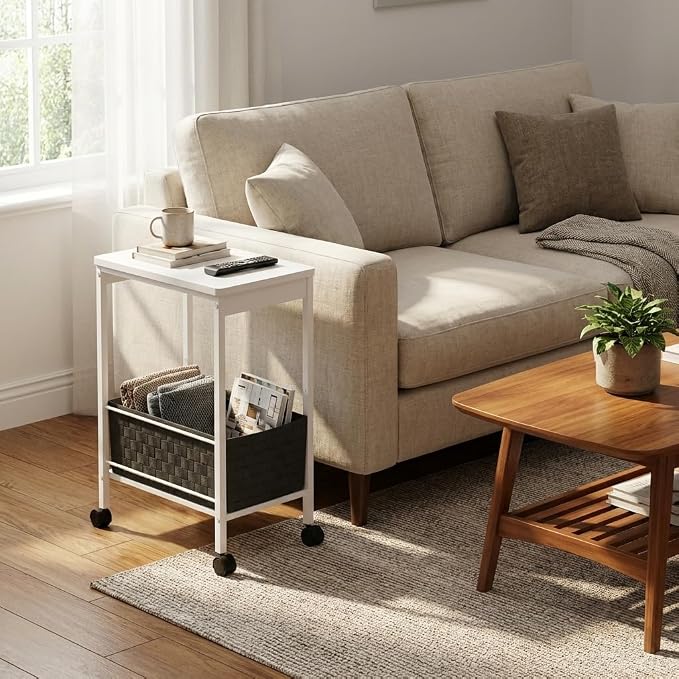 Slim Rolling Side Table with Basket, Narrow Storage Cart on Wheels for Sofa | Rolling side table with basket for living room, bedroom | Holds lamp, plants | Wood-metal shelf | Nightstand, printer stand - Image 4