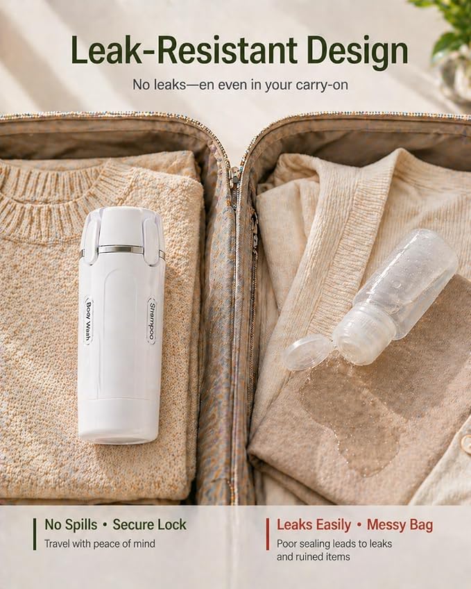 4 in 1 Travel Dispenser Bottle, TSA Approved Leak Proof Refillable Toiletry Containers for Shampoo, Conditioner, Lotion & Skincare – Easy Clean Travel Bottles for Gym, Business - Image 5
