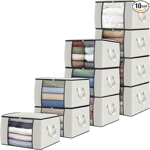 10 Pack Storage Bags for Clothes Blanket Storage Bins with Lids | Foldable Closet Organizers with Zippers,Window and Handles,Fabric Storage Bins for Sweater,Comforter,Bedding,Dorm essentials by Fabtotes