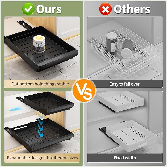 DOMNIU Pull Out Cabinet Organizers Expandable,Black,16.9"Depth,2 Pack | Slide Out Drawers for Kitchen, Bathroom, Pantry, Under Sink Storage, Fixed with Adhesive Nano Film (11.6''-17.5'') - Image 5