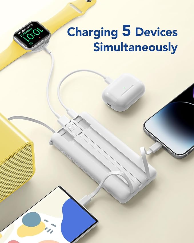 VRURC Portable Charger, Built-in Cables Power Bank 10000mAh | LED Display Slim USB C Battery Pack with 5 Output 2 Input for iPhone, Samsung, Android etc-White(1 pack) - Image 4