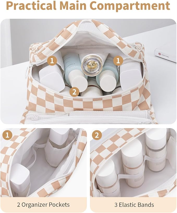 Narwey Small Hanging Travel Toiletry Bag for Traveling Women, Checkered Travel Bag for Toiletries, Makeup Bag Organizer Make Up Cosmetic Bags, Gifts for Kids Teen Girls (Light Brown Checkerboard) - Image 4
