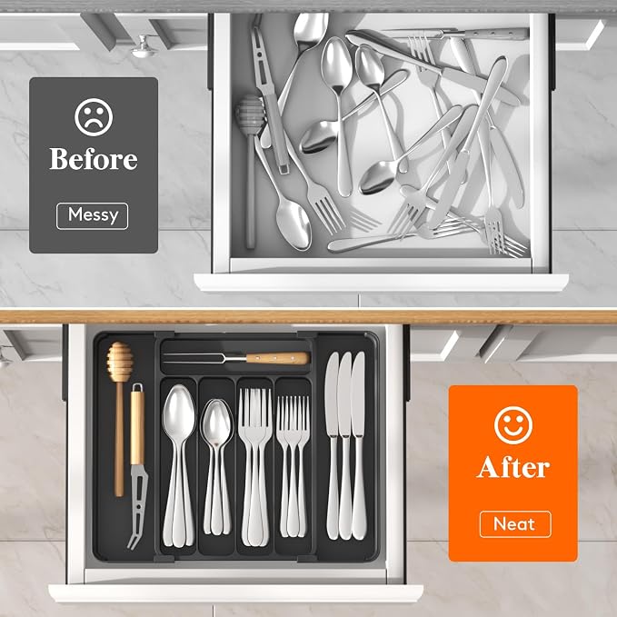 Lifewit Silverware Organizer for Drawer, Expandable Utensil Tray | BPA-free Plastic Adjustable Cutlery Holder for Kitchen Storage, 8.1-13.9 x 11.3, Black - Image 6