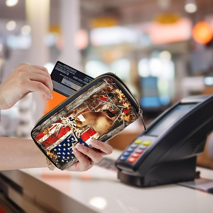 Wallet,Leather Long Wallet Suitable For Ladies And Teenagers - Detachable Wristband + RFID Travel Wallet With Card Slot - American Flag and Deer - Image 5