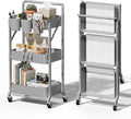 Foldable 3 Tier Rolling Cart, Metal Utility Cart with Wheels | Collapsible Rolling Storage Cart with 3 Hanging Cups, Folding Storage Trolley Organizer Cart for Home Office Kitchen(Grey) by Johgee