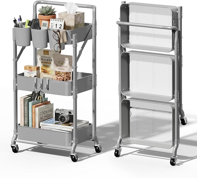 Foldable 3 Tier Rolling Cart, Metal Utility Cart with Wheels | Collapsible Rolling Storage Cart with 3 Hanging Cups, Folding Storage Trolley Organizer Cart for Home Office Kitchen(Grey) by Johgee