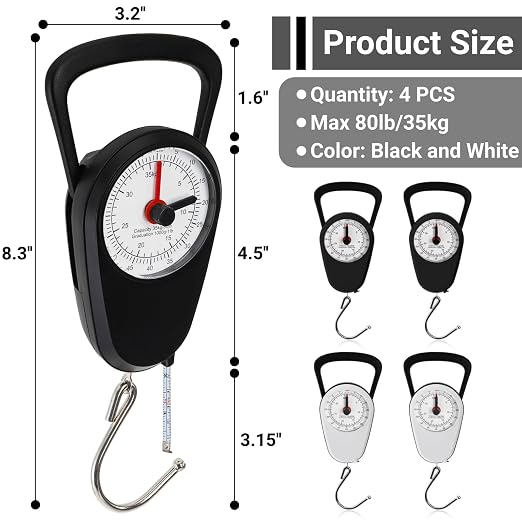 4 Pack Luggage Weight Scale with Tape Measure, 80 Lbs | Portable Fishing Hanging Scale, Dual Unit Travel Suitcase Kitchen Dial Weight Scale for Shopping Traveling Food Weighing - Image 2