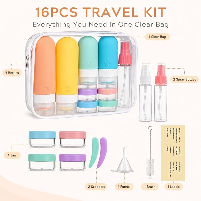 16Pcs Travel Bottles for Toiletries - TSA Approved Travel Bottles Set, Leak Proof Squeezable 3oz Portable Refillable Silicone Travel Bottles for Shampoo, Conditioner, Sprays, Clear Bag (Colorful) - Image 7