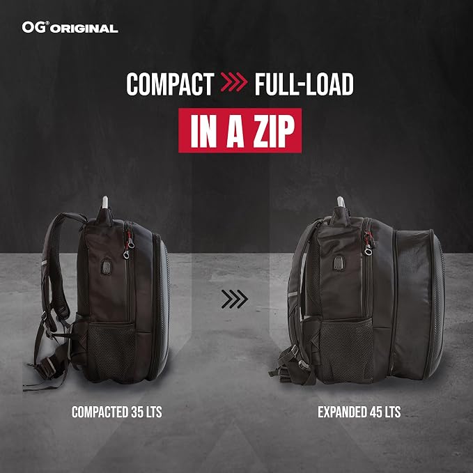GetAway Waterproof Motorcycle Backpack Hard Shell for 2 Helmets 35-45L | Expandable motorcycle backpack with laptop compartment, anti-theft design, helmet strap and reflective details. - Image 6