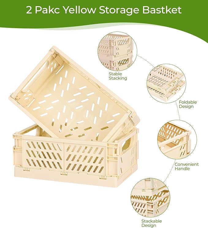 HUUSMOT 2-Pack Collapsible Plastic Storage Baskets, Yellow, 9.8"x6.5"x3.8" | Pastel, Space-Saving, Collapsible Plastic Bins, Cute Mini Storage Crates, for Classroom, Kitchen, Office, Bedroom - Image 2