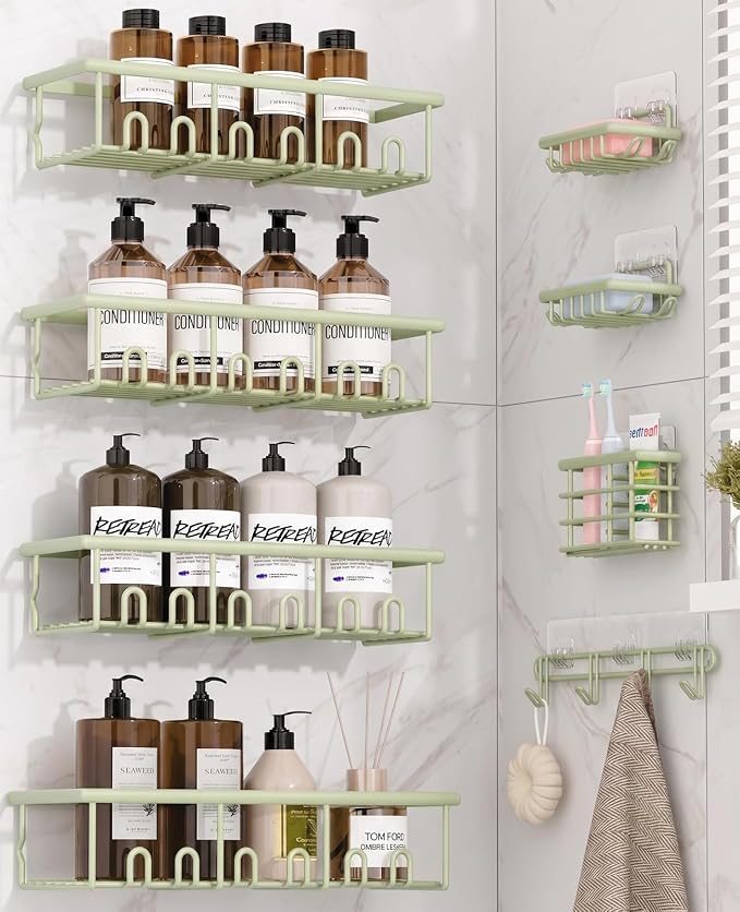 8 Pack Adhesive Rustproof Shower Caddy with Soap Dishes, Toothbrush Holder & Hooks, Large Capacity No-Drilling Shower Shelves Rack for Bathroom Organizers and Storage Accessories, Green by Unknown