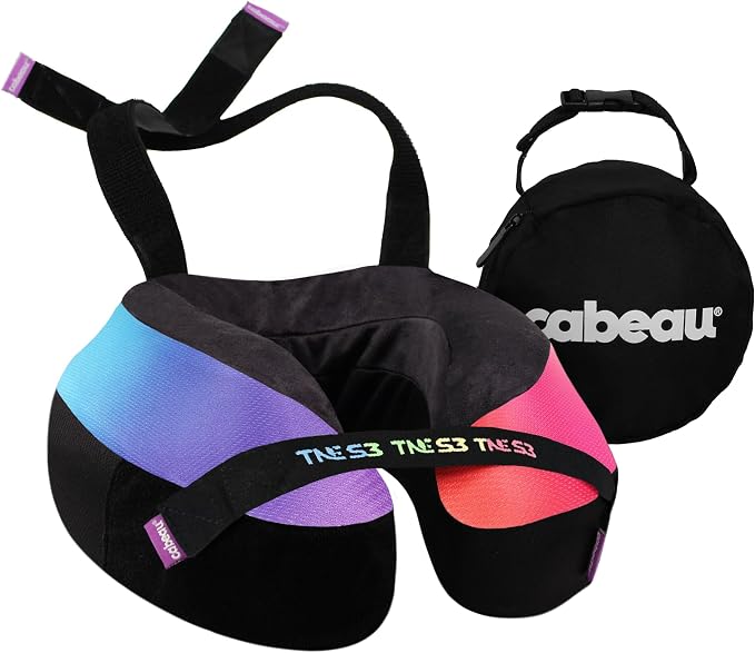 Cabeau Travel Neck Pillow for Airplanes – The Neck’s Evolution, TNE S3 – Supportive Memory Foam Design for Long Haul Flights – Attachable Seat Straps and 360° Support (Amsterdam Rainbow) by Cabeau