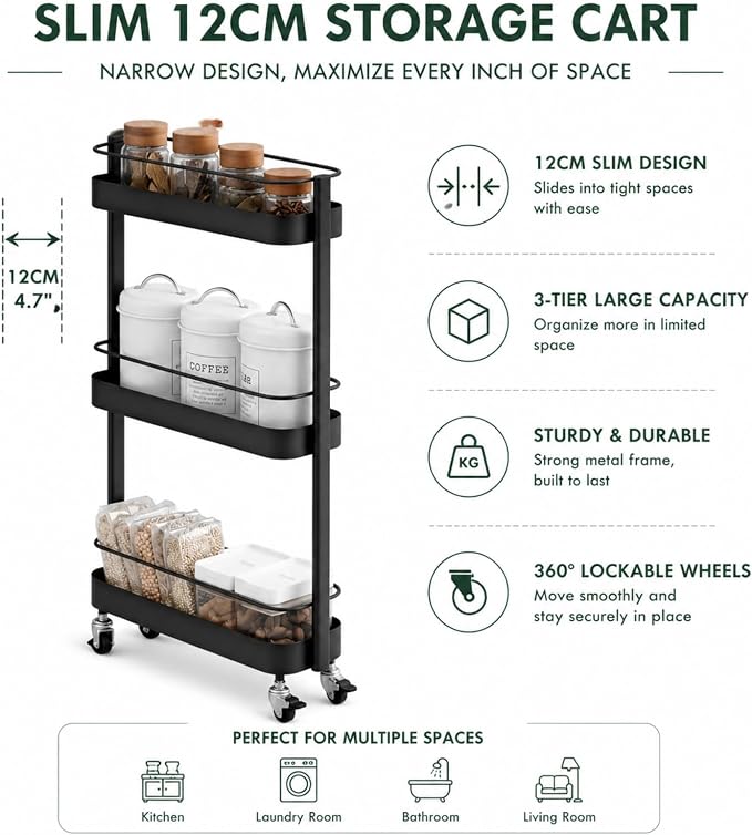 Narrow 3 Tier Rolling Cart, Slim Storage Cart for Bathroom Kitchen | 3 spacious tiers, durable carbon steel frame and smooth swivel wheels provide flexible storage and easy mobility. - Image 6