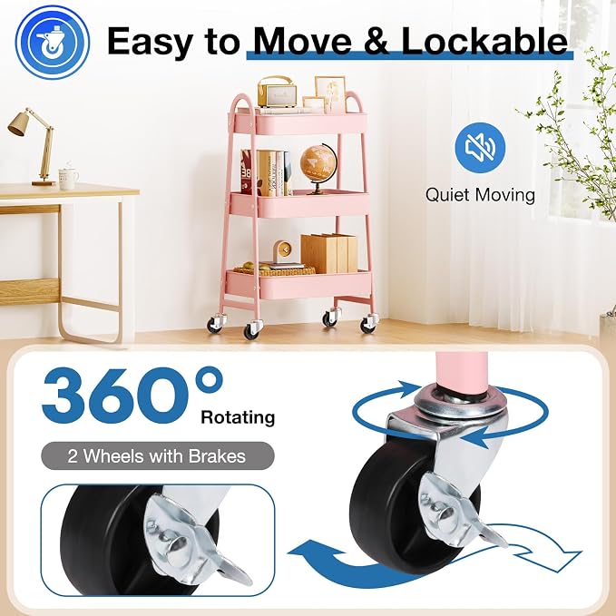 OLIXIS Metal 3 Tiers Rolling Storage Utility Cart with Lockable Wheels | Mobile Organizer Shelf, Space-Saving, Freestanding, Bathroom, Living Room, Slim, Narrow Corner Spaces, Pink - Image 6