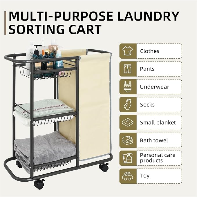 Rolling Laundry Basket with Wheels and Handle,3 Storage Baskets, 45 L Bag | Heavy Duty Laundry Cart, Space Saving Laundry Room Organization - Image 4