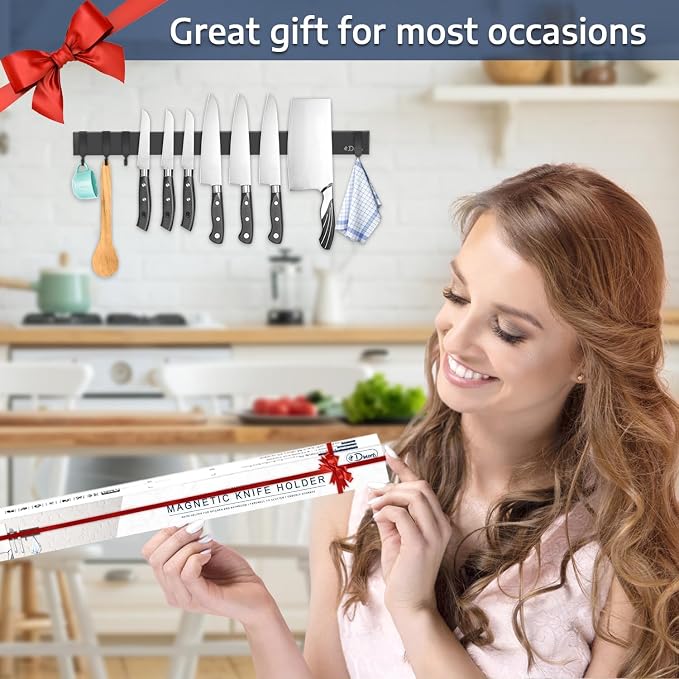 Dmore magnetic knife holder for wall—with 4 hooks, No Drilling 20 Inch black knife magnetic strip, Powerful knife magnet rack, include Adhesive Tape and screws for Knives, Utensils, and Tools - Image 6