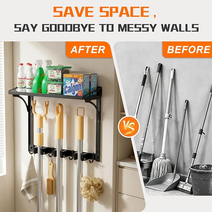 Broom Holder Wall Mount with Cleaning Supplies Organizer | Laundry Room Shelves, Mop Hanger Rack Gripper Hooks, Vacuum Organizer, Wall Hanging for Home Garage Kitchen - Image 7