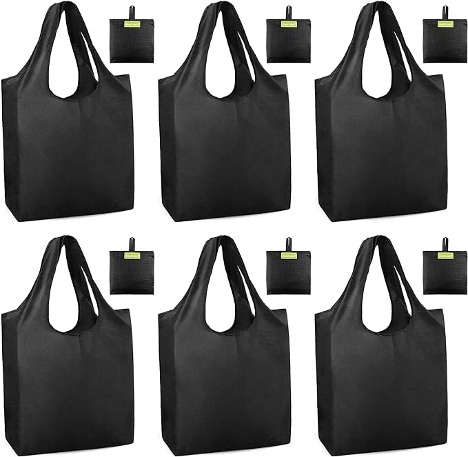 BeeGreen Black Tote Bag Shopping Bags for Groceries & Reusable Grocery Bag Heavy Duty, Large Tote Bag for Women, Foldable 6 Pack Gift Bags With Handles, Cute Cloth Washable for Holiday Travel & Bulk by BeeGreen