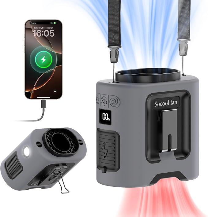 Socool 14500mAh Portable Waist Fan Clip on Belt 360 Rotation Wearable Rechargeable Personal Shirt Fan, 67H Cooling 5-Speed Battery Operated Fans with Light, Neck Fan Hanging for Outdoor Camping Travel by Socoolfancoolinhand