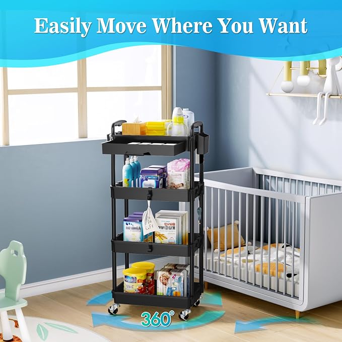 SUNALLY 4 Tier Rolling Cart with Drawer, Craft Storage Cart Organizer,Black | Bathroom Storage Organizer with 2 Lockable Wheels, Rolling Utility Cart for Kitchen, Office, Baby, Makeup, Nail,Snack,Laundry - Image 4
