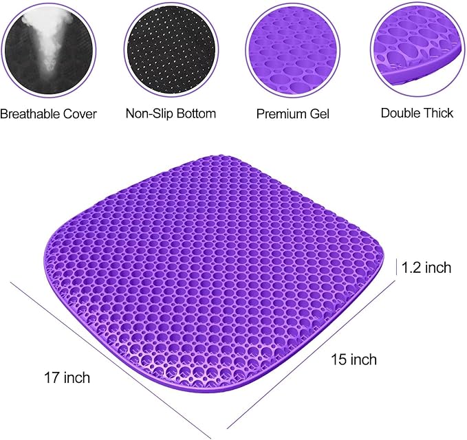 Gel Seat Cushion for Long Sitting Seat Pad For Car Office Chair Wheelchair | Cool & Breathable & Comfortable,Purple Gel Seat Cushion For Car,Chair,Car Seat Cushion Gel Seat Pad For Hip Pain - Image 2