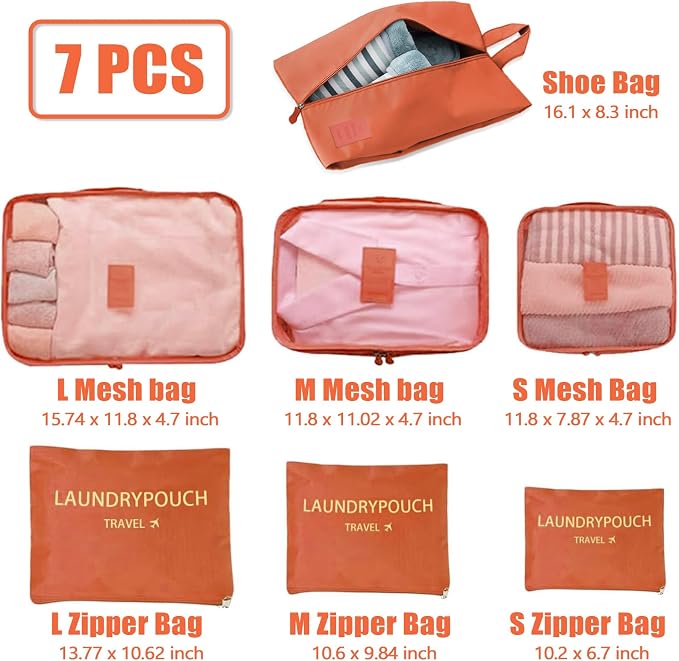 7 Set Packing Cubes for Travel Luggage Packing Bags Reusable Waterproof Suitcase Organizer Bags Set with Shoe Bag and Toiletry Bag (Orange) - Image 3