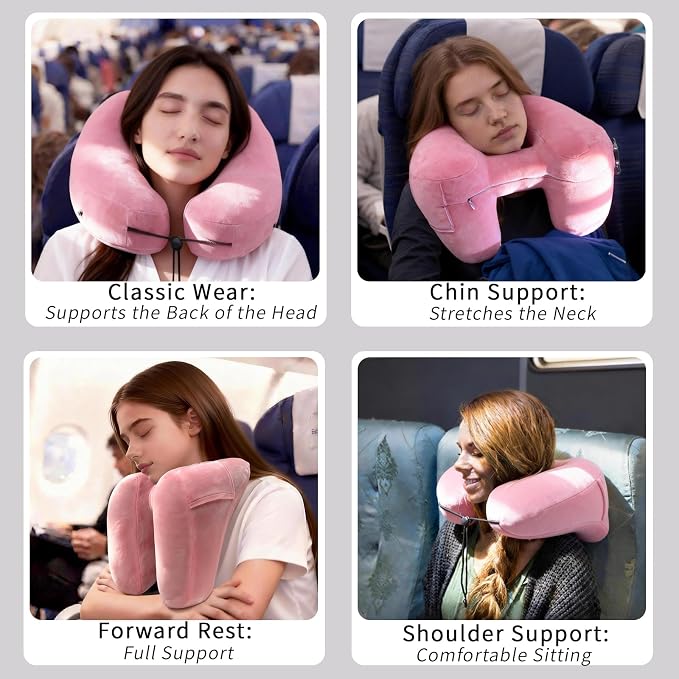 H-Shaped Travel Pillow with Snap-On Hood – Ergonomic Neck Support with Plush Velvet Cover, Instant Inflation & Compact Bag – for Airplane, Car, Office & Long Trips (Pink) - Image 2