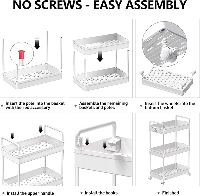 SOLEJAZZ 3 Tier Slim Rolling Storage Cart Organizer with Wheels, White | Utility cart for bathroom, laundry, bedside, dorm&narrow spaces. Fits craft, nail, makeup, snack, art, diaper&baby essentials - Image 7