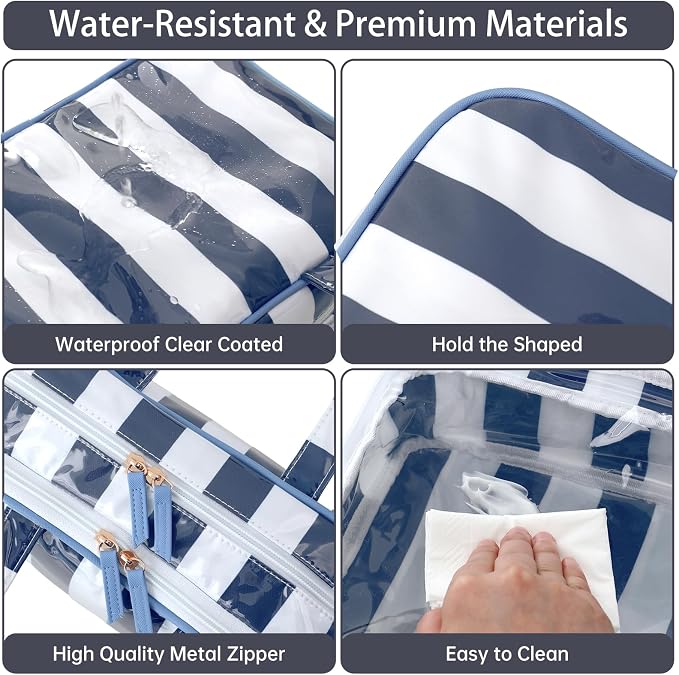 Toiletry Bag for Women, White and Navy Stripe | Clear Coated,Waterproof,Multiple Compartment,Open Flat,Handle,Travel Organizer for Shampoo,Conditioner,Cosmetic Accessories - Image 2