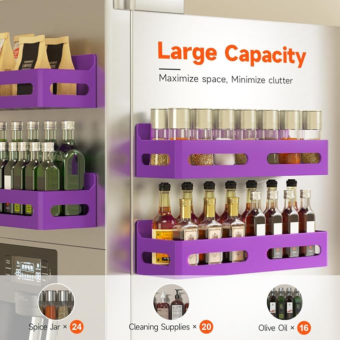 4-Pack Magnetic Spice Rack for Refrigerator with Hooks, Purple | Strong multipurpose magnetic shelf for kitchen & bathroom organization. Includes 4 removable hooks for hanging items. - Image 4