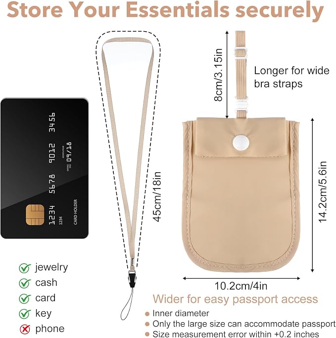 RFID Blocking Hidden Bra Wallet, Travel Money Pouch With Adjustable Strap, Money Belt for Travel Women Hidden, Secret Pocket for Valuables(Khaki) - Image 2