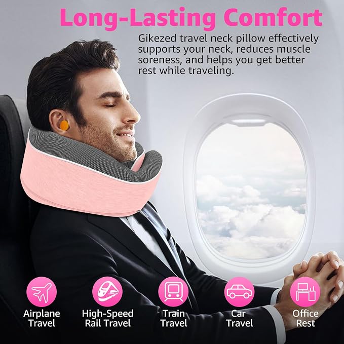 Memory Foam Travel Neck Pillow | Ergonomic 360 Degree Head Support for Airplane, Car and Office Sleeping, with Breathable Cotton Cover and Carry Bag, Pink-2 - Image 4