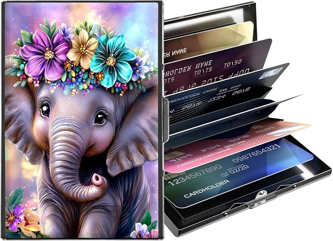 Metal Wallet,Credit Card Holder for Women,Slim RFID Blocking Credit Card Holder Thin Aluminum Wallet ID Case,6 Slot Business Mini Hard Metal Case for Women/Men,Cute Elephant Purple by Unknown