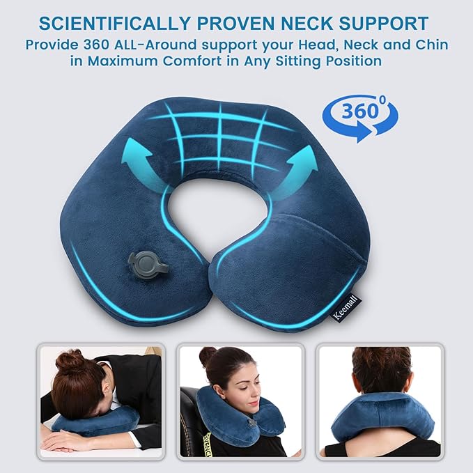 Keemall Inflatable Neck & Shoulder Travel Pillow for Airplane Naps | Portable Foldable Neck & Back Support with Adjustable Firmness, Headrest for Long Flights & Travel Sleep, Deep Blue - Image 5