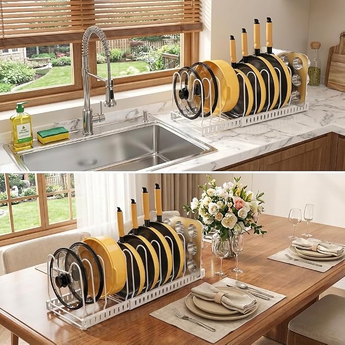Pot and Pan Organizer Rack for Cabinet, 3 Expandable Pot Lid Organizer Holder with 12 Adjustable Compartment for Kitchen Cutting Board, Pan Lid, Bakeware, White - Image 9