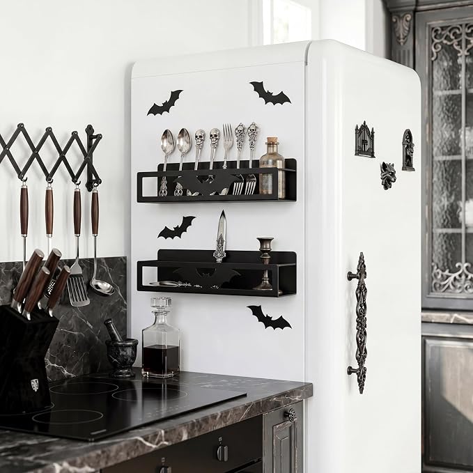 Beeveer 2 Pcs Magnetic Spice Rack for Refrigerator, Black Bat | Halloween Gothic Kitchen Decor, Spooky Home Accessories, 2 Sizes Metal Storage Shelf for Fridge Spices, No Drilling - Image 4