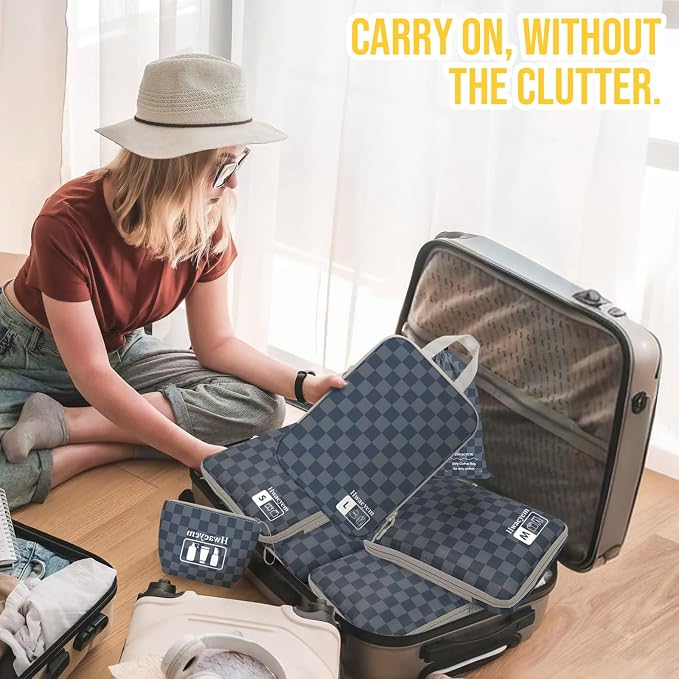 8 Set Compression Packing Cubes for Travel, Lightweight Dual Zipper Packing Cubes, Space-Saving Suitcase Organizer for Travel/Business Trip/Family Vacation (Blue-Gray Checkered) - Image 2