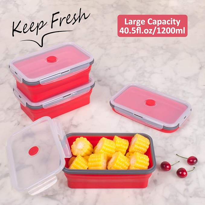 Collapsible Food Storage Containers with Airtight Lid & Air Vent, 40.5 oz, Kitchen Stacking Silicone Collapsible Meal Prep Container Set for Leftover, Microwave Freezer Dishwasher Safe, Red, Set of 4 - Image 2