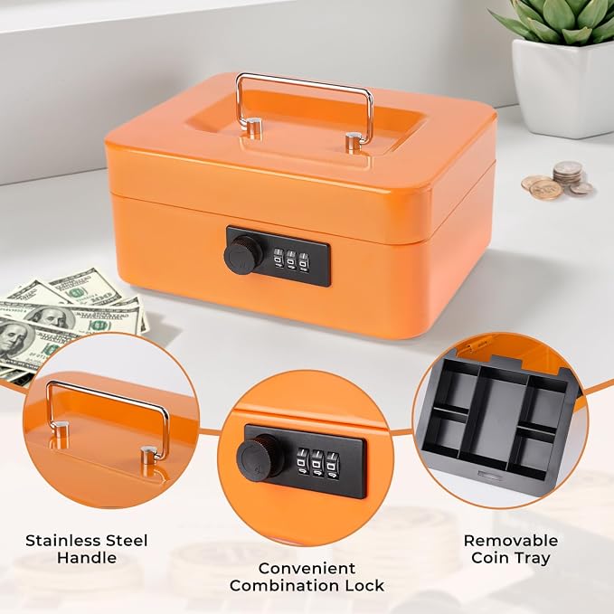 Cash Box with Money Tray and Combination Lock Metal Money Box Change Lock Box for Money 7.87" x 6.3" x 3.54" Orange - Image 3