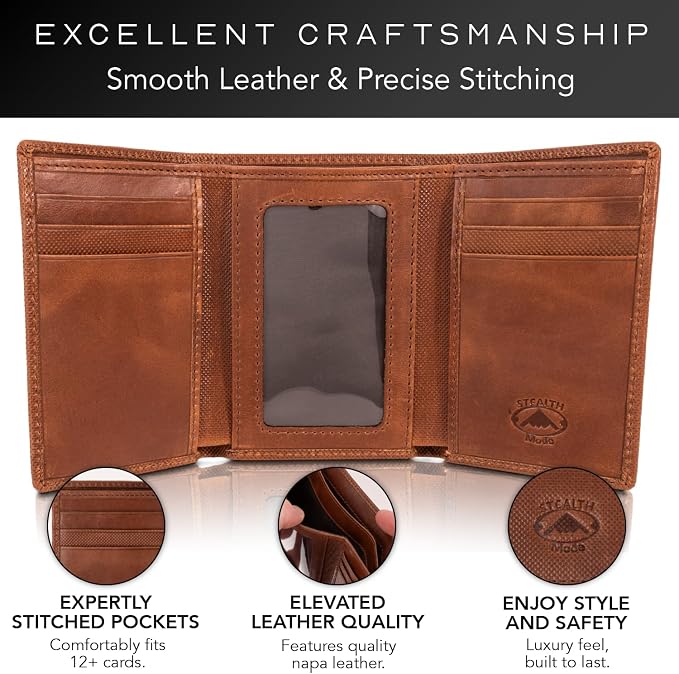 Stealth Mode Trifold Leather Wallet for Men with RFID Blocking | Brown Crunch Top Grain Napa Leather, 9 Card Slots, ID Window, Gift Box – Gift for Dad, Husband, or Son - Image 3