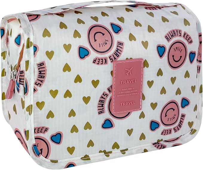 Lcsmaokin Large Capacity Toiletry Bag Travel Bag with Hanging Hook for Men and Women Waterproof Travel Cosmetic Bag Bathroom Storage Bag for Brushes Set,Full-Sized Shampoo,Accessories-Pink Smile by Lcsmaokin