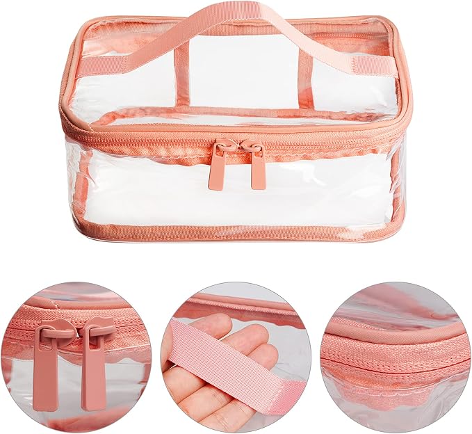 2 Pack Portable Clear Makeup Bag Zipper Waterproof Cosmetics Bag Transparent Storage Carry Pouch PVC Zippered Toiletry Bag Organizers With Handle for Vacation Travel Bathroom (Pink,Green) - Image 3