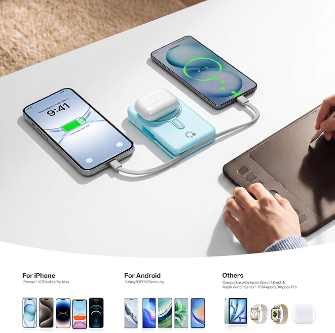 Q Magnetic Wireless Portable Charger 10,000mAh, Travel Essentials Power Bank with Built-in Cables & Foldable Stand, External Battery Pack Compatible with iPhone 17/16/15/14/13/12, Apple Watch - Image 5