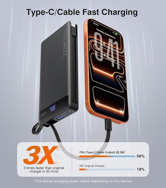 10000mAh Power Bank Built-in 2 Cables, 22.5W PD Slim Fast Portable Charger | USB C Battery Pack, Travel Essentials PD Fast Charging Powerbank Compatible with iPhone 17 16 Plus Pro Samsung iPad(1 Pack) - Image 2