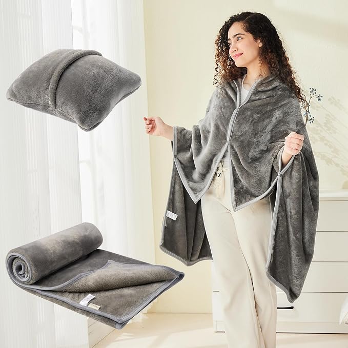 Shawl Blanket Pillow 2-in-1 with Sleeves for Office, Work, Home (Dark Grey, 40x60) - Wearable Adult Snuggie Coat Poncho, Airplane Travel Set, Fleece Shoulder Wrap for Men and Women by Mellowdy