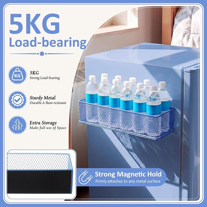 FoldTier 2 Pack Blue Magnetic Basket Dorm Mini Fridge Shelf Organizer Kitchen Storage Bin Container Spice Holder for Locker Refrigerator Pantry Dorm Essentials (13.8 x 3.1 x 4.9 Inch) - Image 4