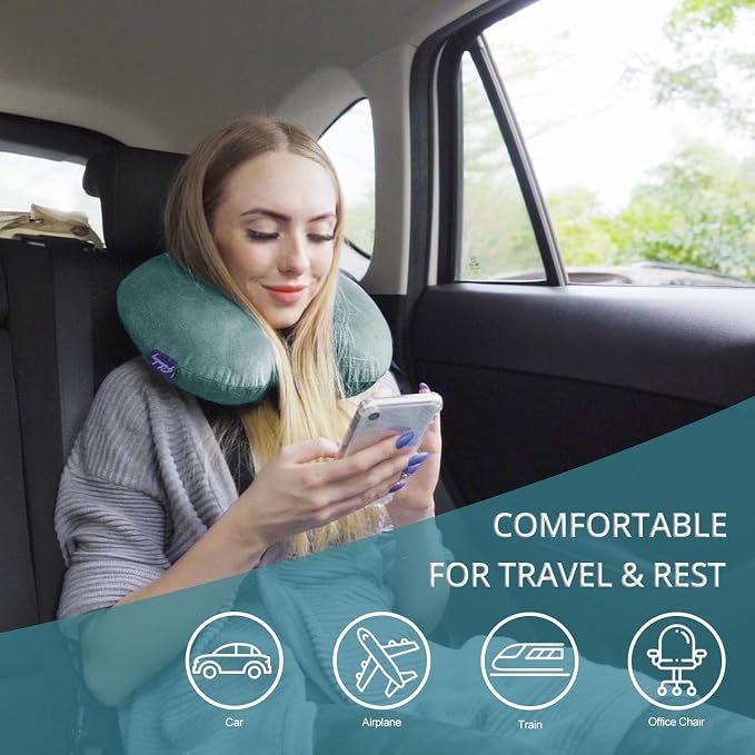Travel Neck Pillow Memory Foam for Airplane Traveling Gray Blue | Travel Neck Flight Pillow with Attachable Snap Strap Soft Washable Cover for Car, Home, Office, Head Neck Support - Image 3