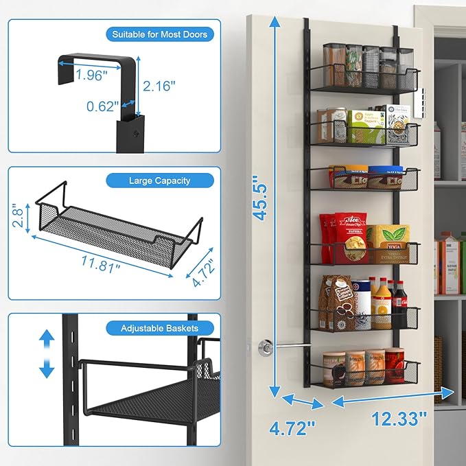 VyGrow 12.3" W Narrow Over the Door Pantry Organizer, 6-Tier Over the Door Organizer with Adjustable Basket, Pantry Door Organization for Pantry Kitchen Storage Room Spice Rack, Black - Image 3