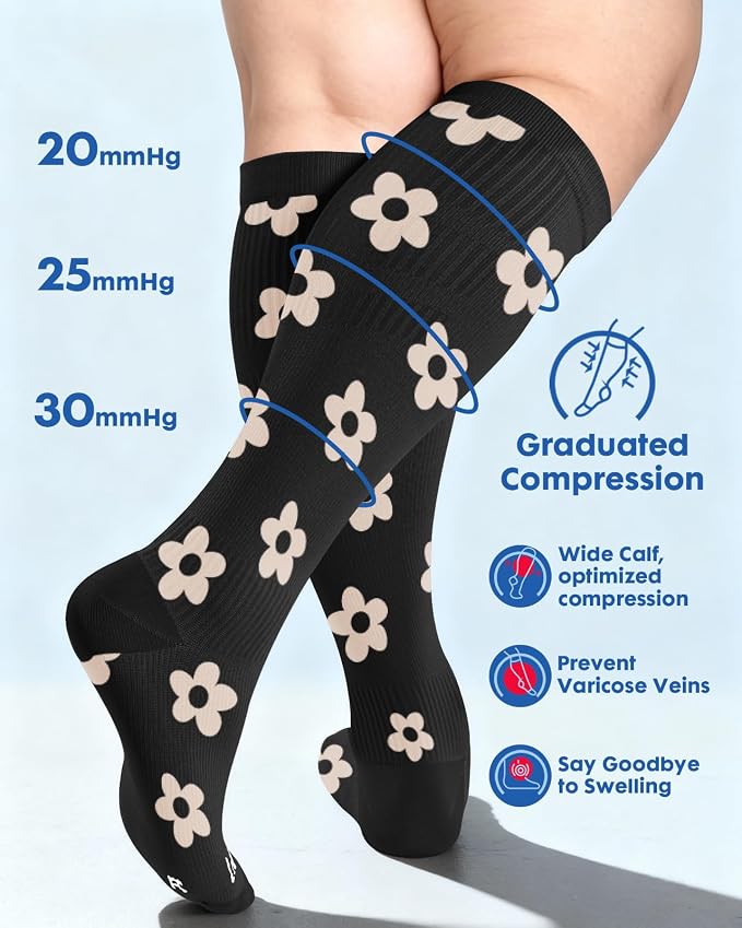 3-Pair Wide Calf Compression Socks for Women | 20-30mmHg Graduated Support, Easy On & Off, Knee High Length, Ankle Support, Travel Nurse Daily Wear, Cute Patterned - Image 5